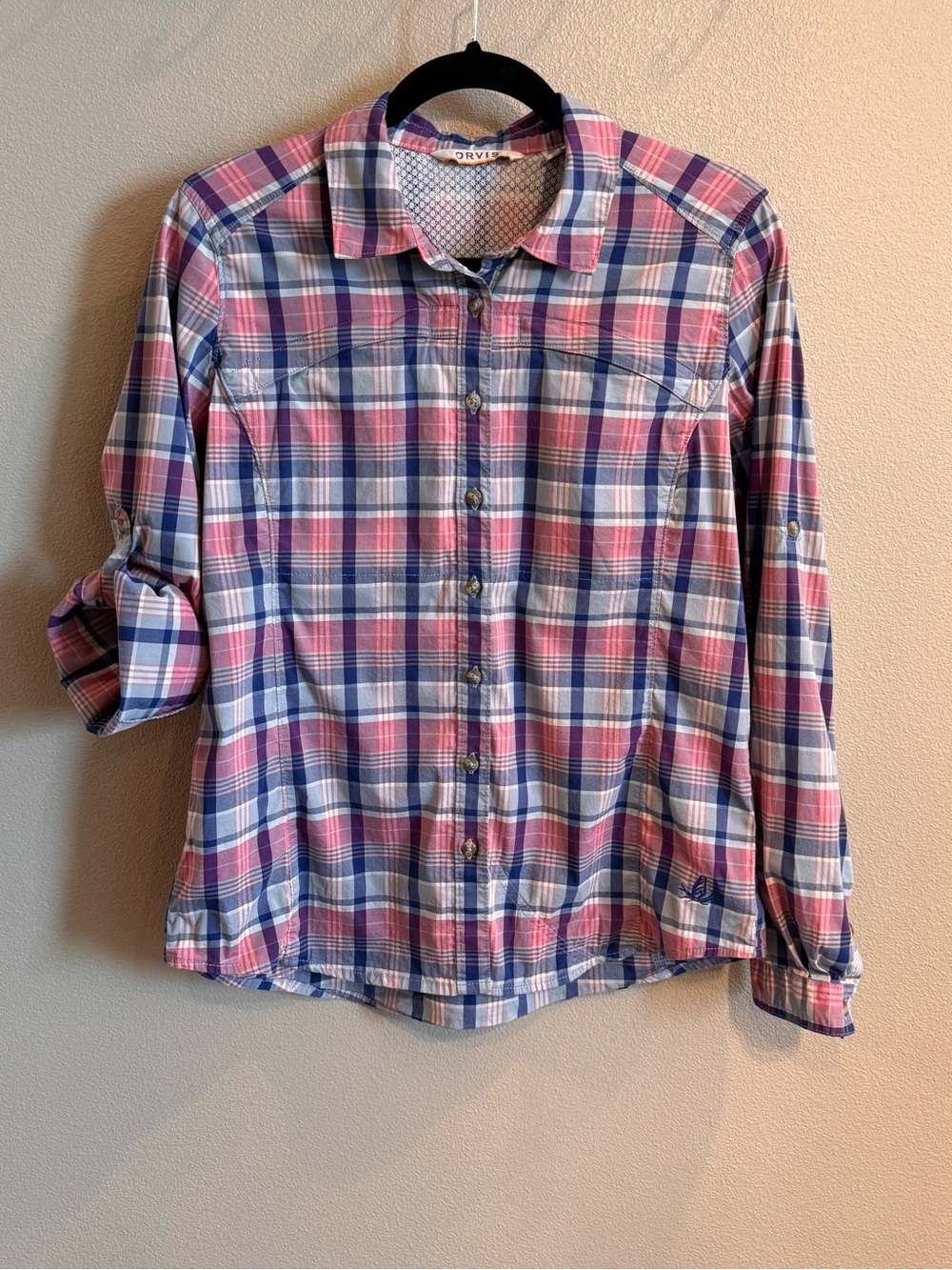 Orvis River Guide Blue and Pink Plaid Casual Button-Down Shirt
